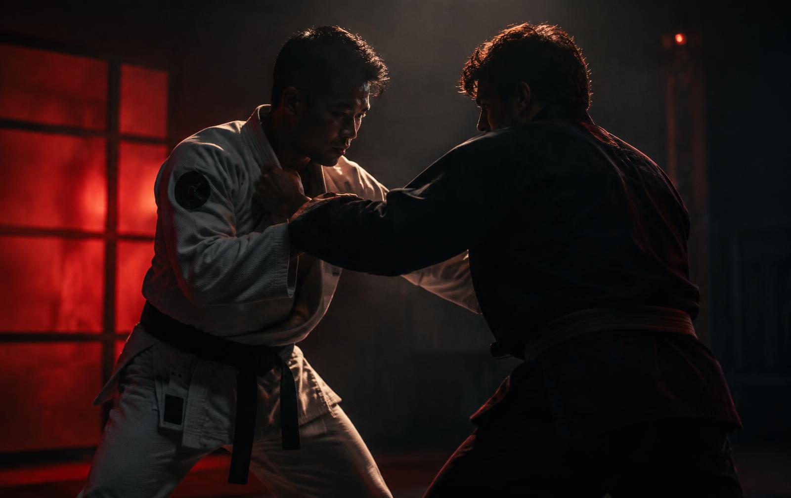 Dois atletas de Jiu-Jitsu treinando pegadas de quimono